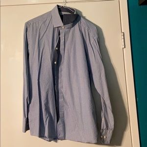 Blue with white dots buttoned up